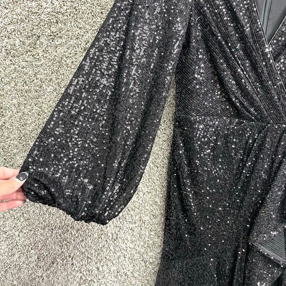Eliza J Dress Women’s 4 Black Sequins Long Sleeve V-Neck Faux Wrap Ruffle Hem - Picture 4 of 8